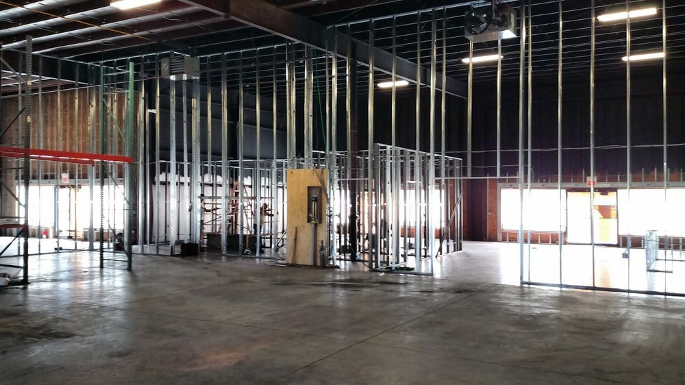 Wide view of a commercial interior build-out in progress