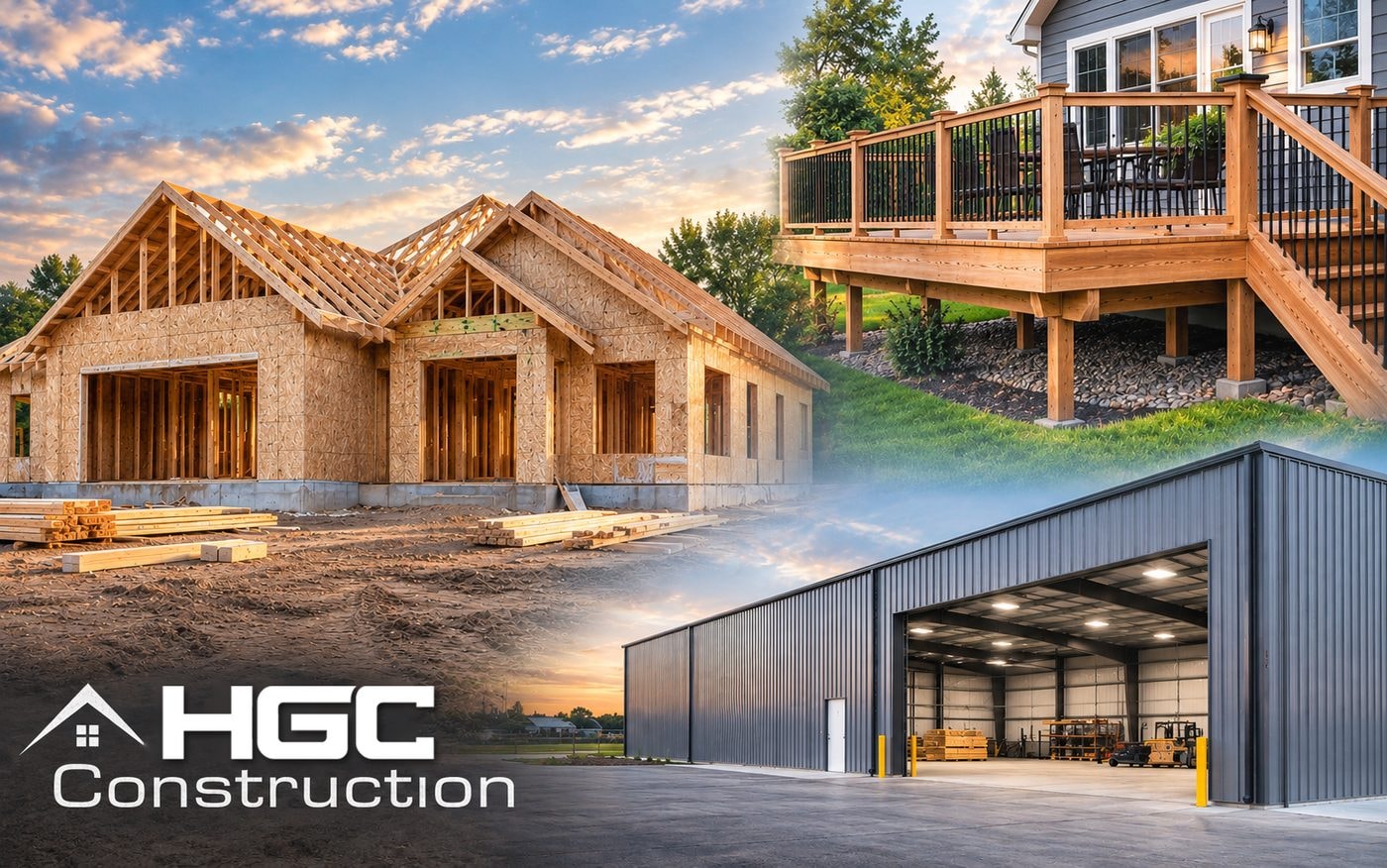HGC Construction — residential framing, deck addition, and commercial steel building